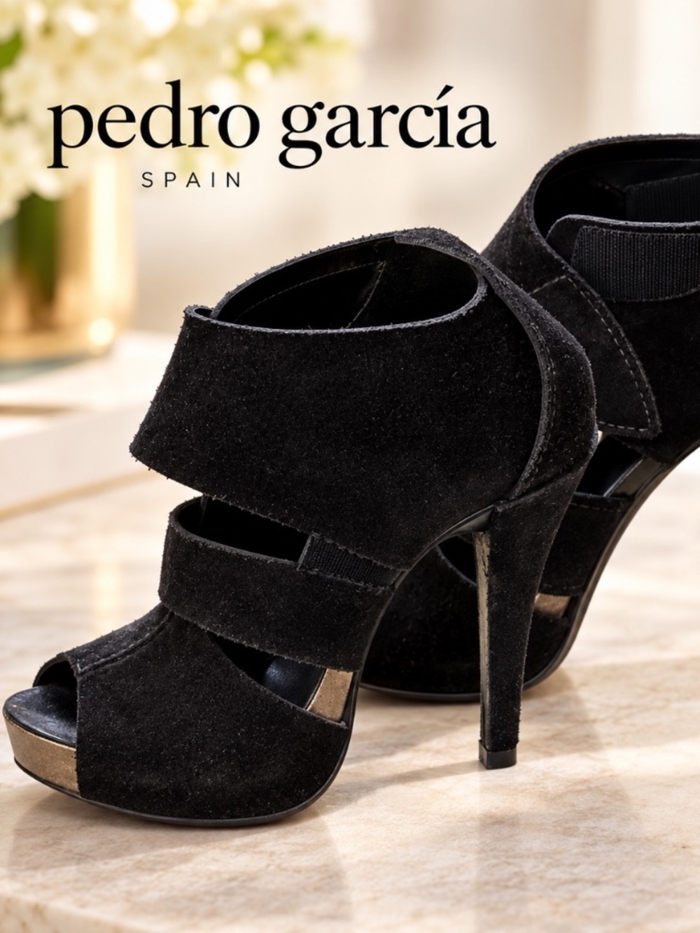 Pedro Garcia Black Suede Cork Platform Peep Toe Heels 37.5 Spain